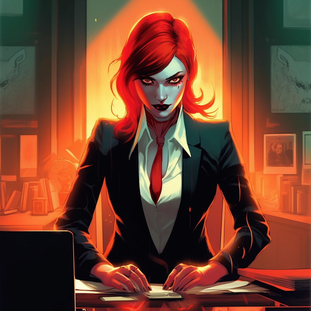 Female demon in business suit ready to make a deal