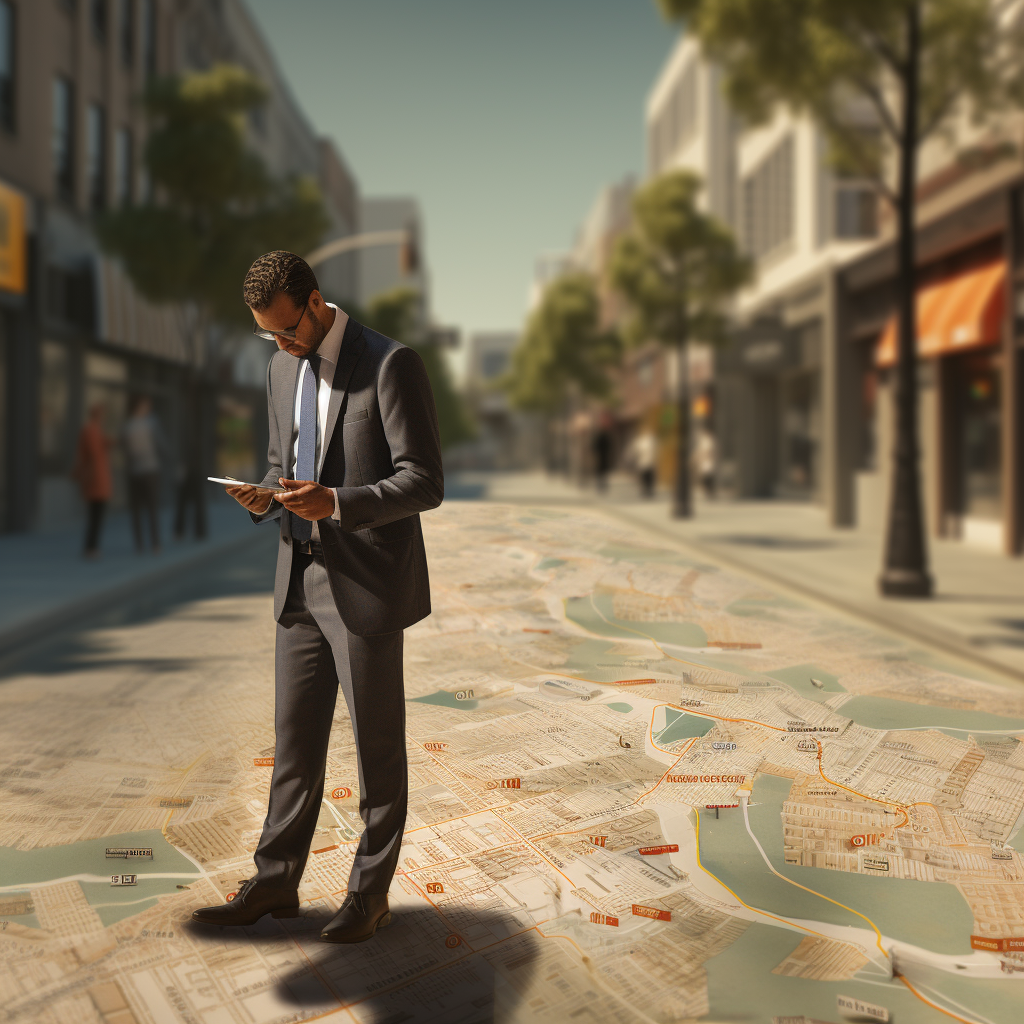 Businessman searching keywords on street