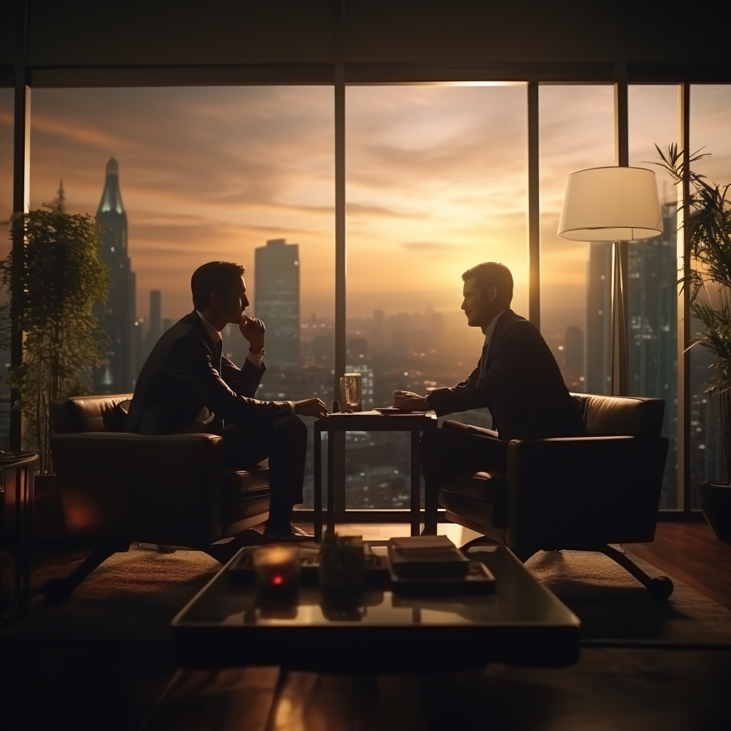 Business man talking to his client in a cinematic office setting