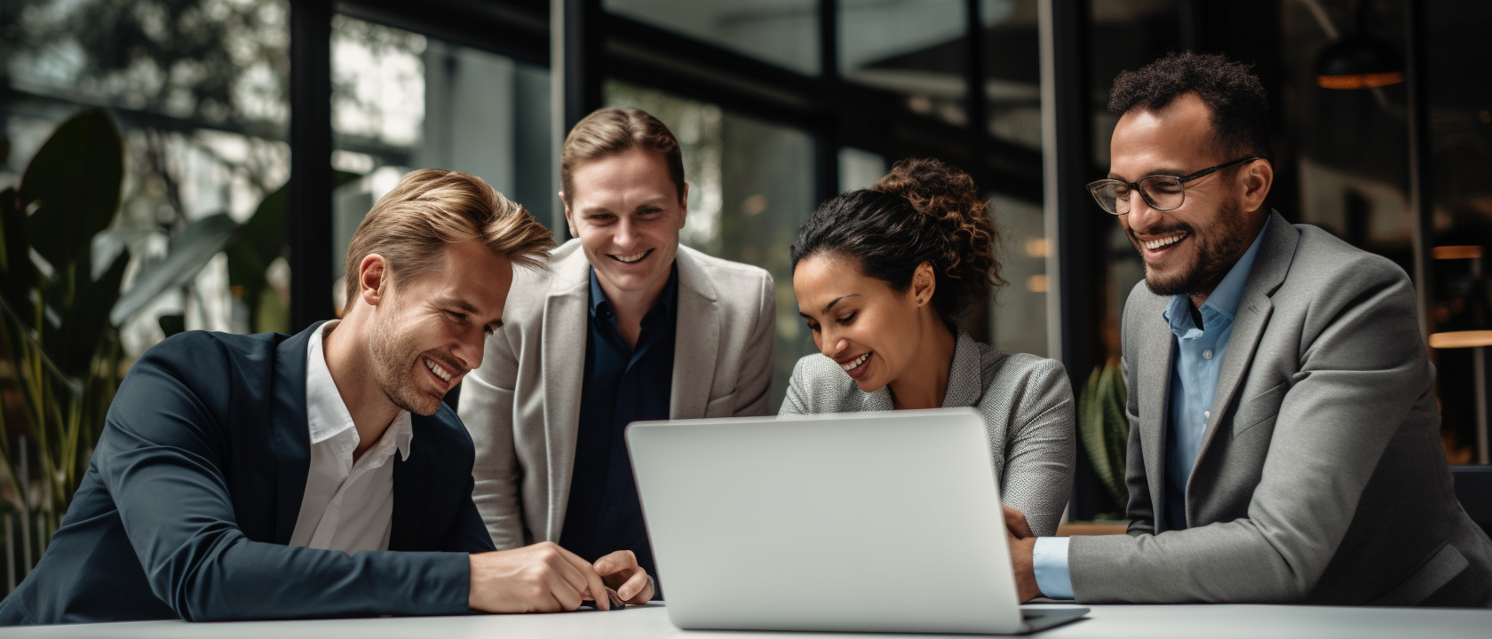 Smiling business people looking into a screen