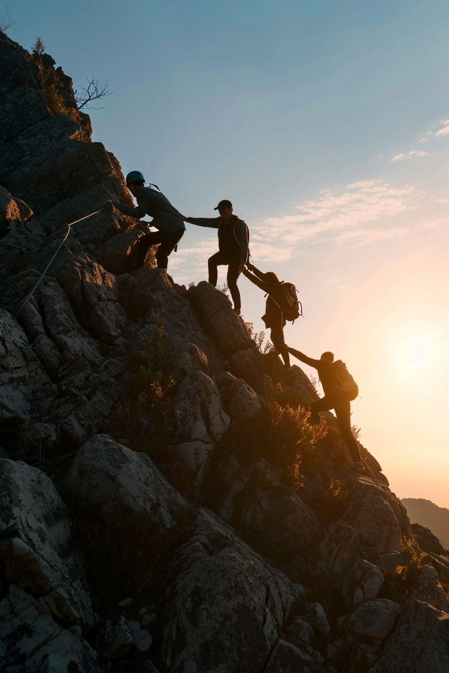 Business team climbing mountain together