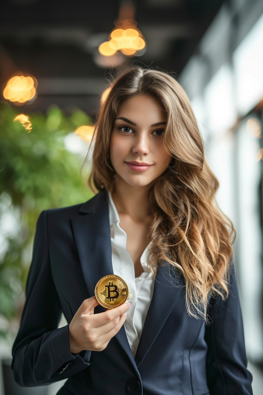 Businesswoman holding bitcoin