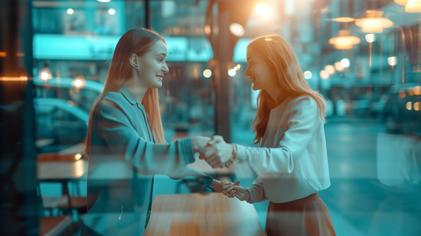 Business women shaking hands at table