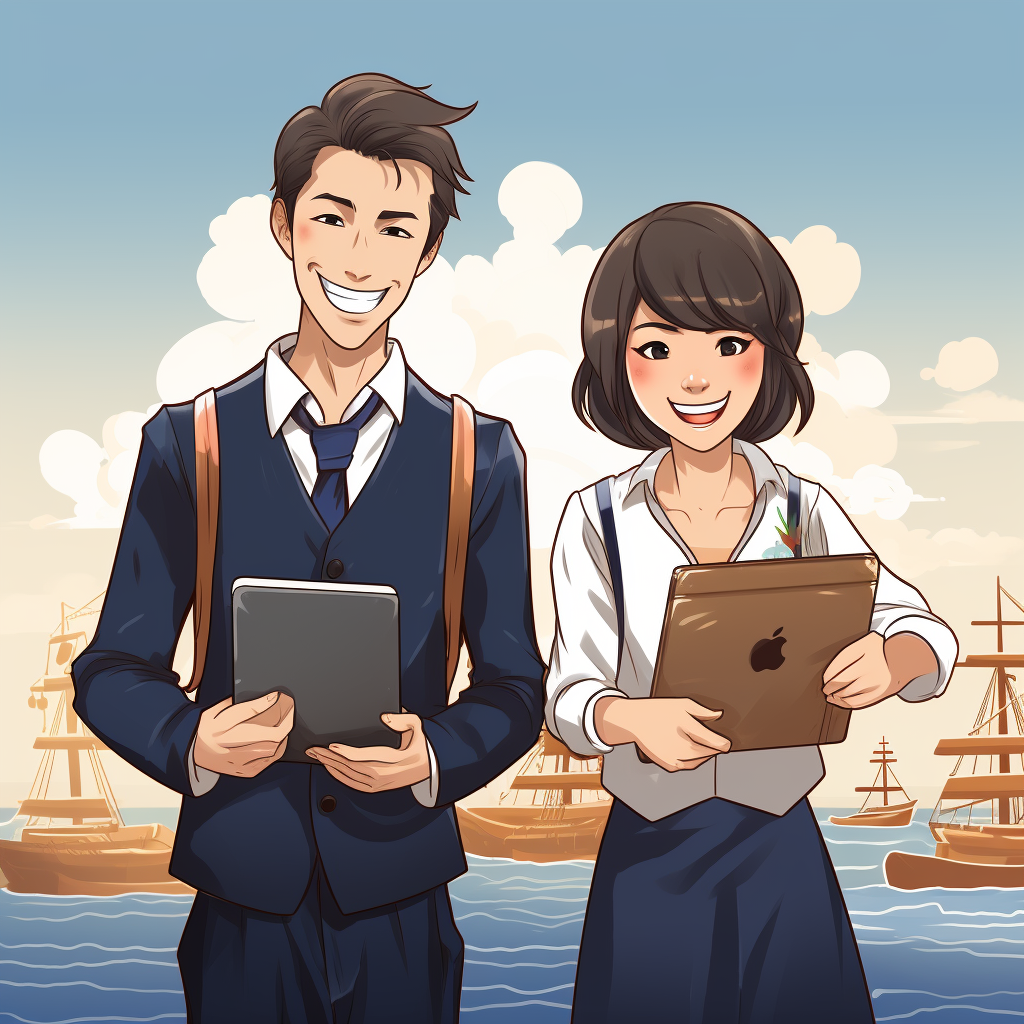 Two characters holding tablets, one showing 'BOOK' and the other a container vessel on the sea