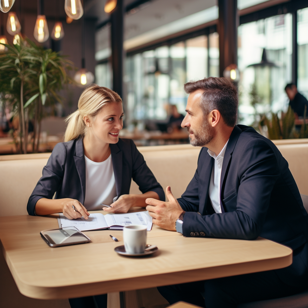 Two people discussing business ideas