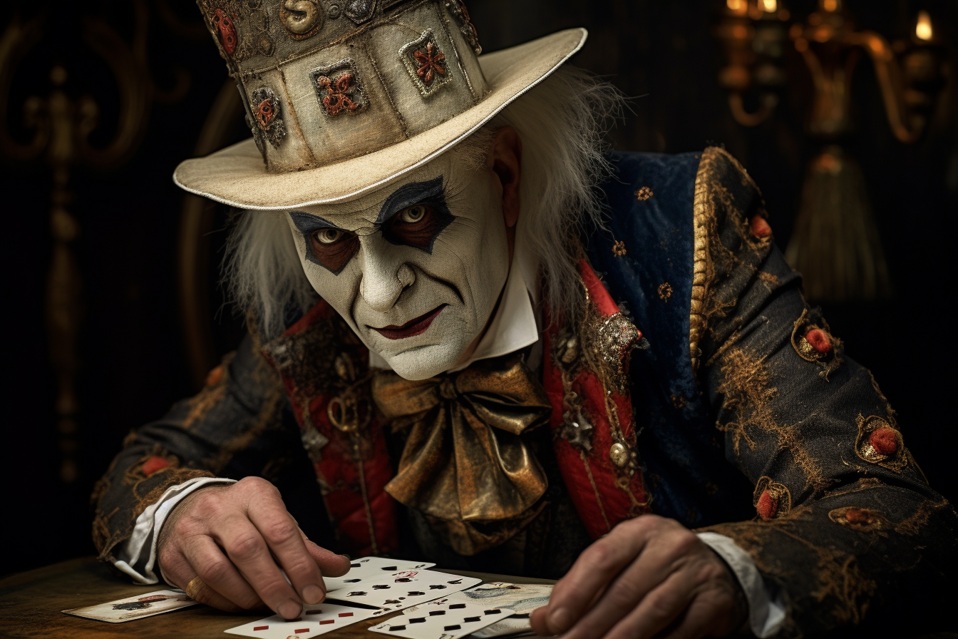 Businessman wearing Arlequin mask holding tarot card