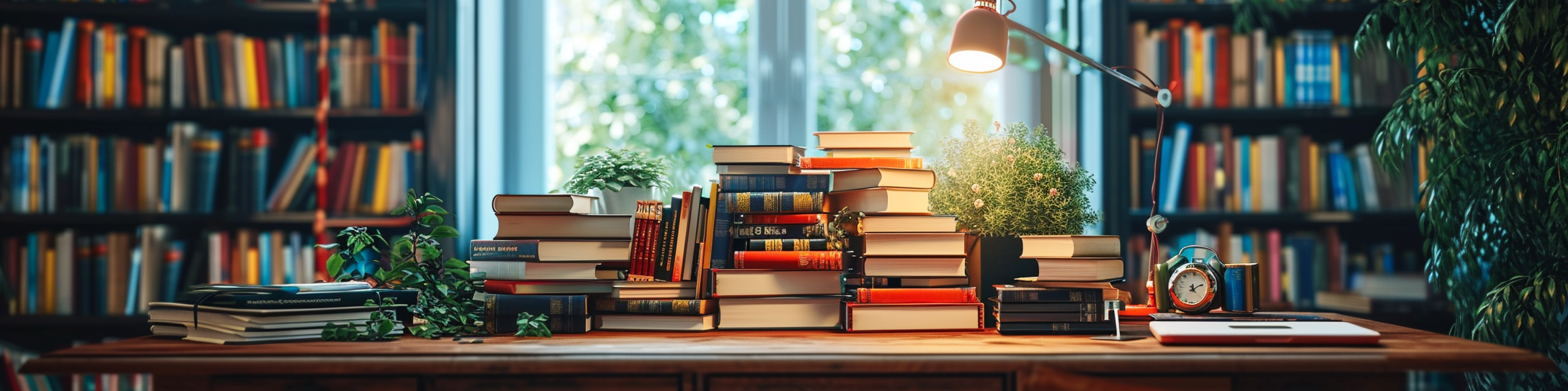 Businessman desk with piles of books and microphone