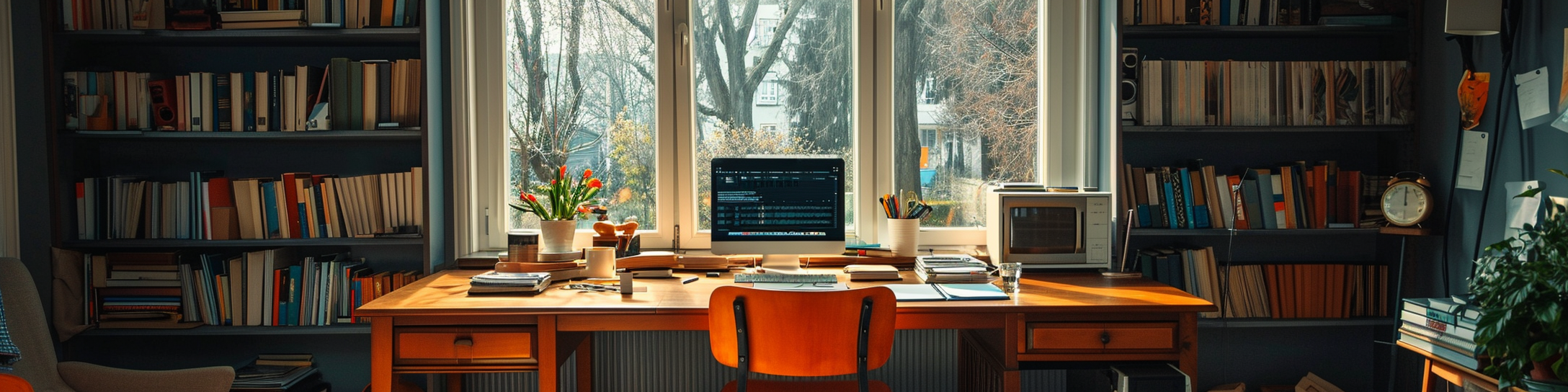 businessman desk with books and professional podcast mic