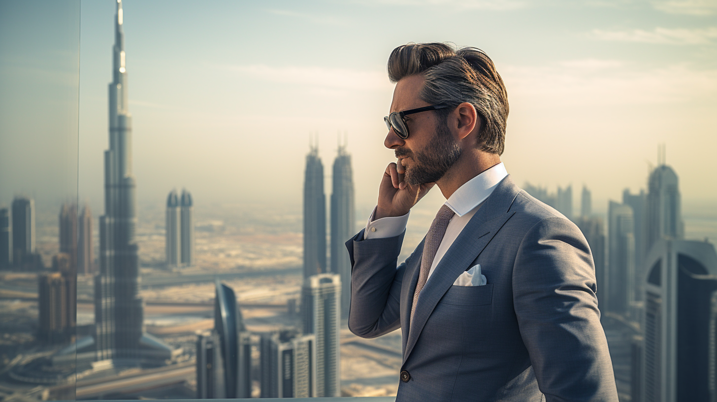 Businessman gazing at distant Dubai skyscraper