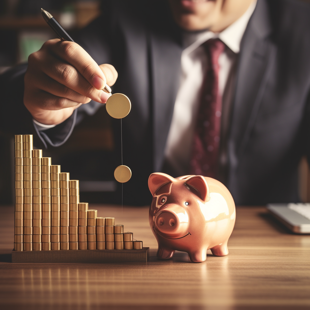 Businessman Putting Piggy Bank on Highest Bar Chart Graph