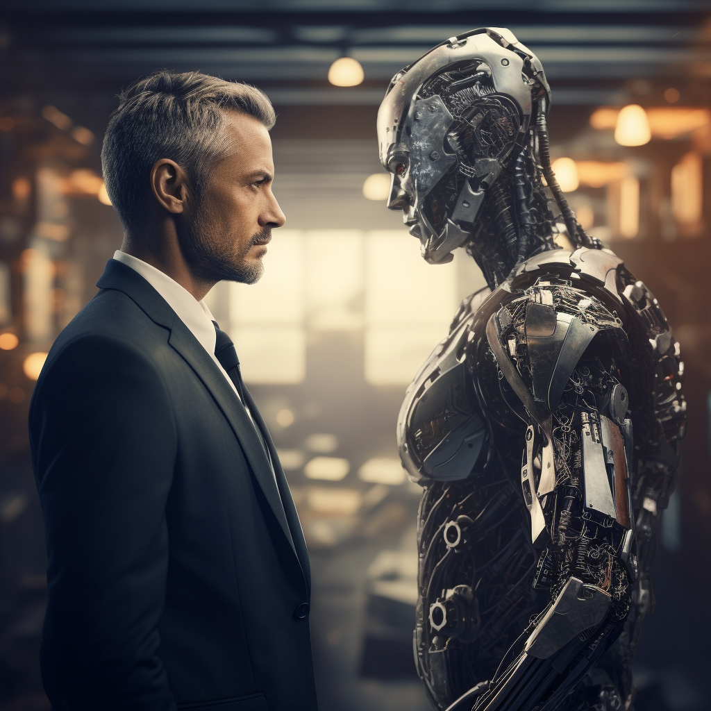 Businessman and Robot looking at each other