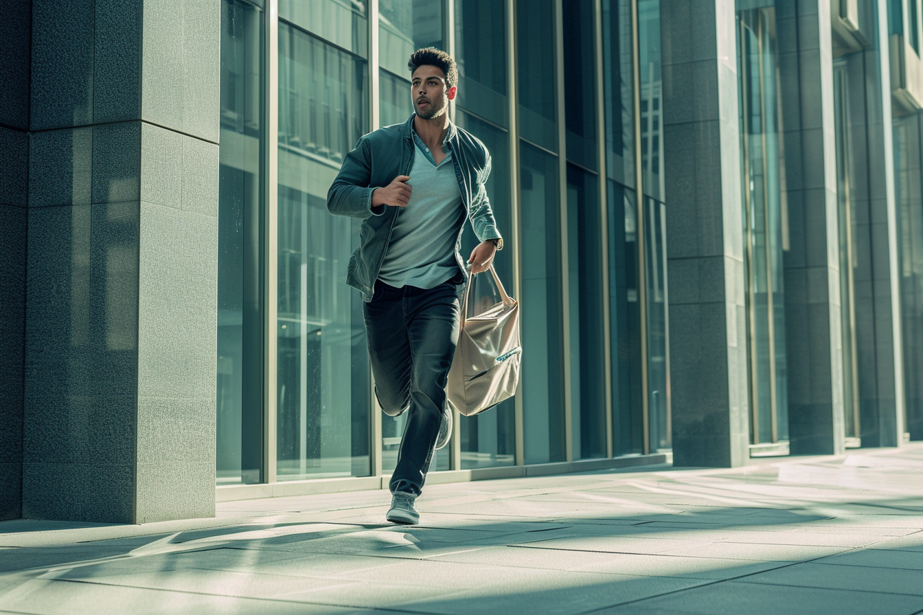 Businessman running on sidewalk with bag