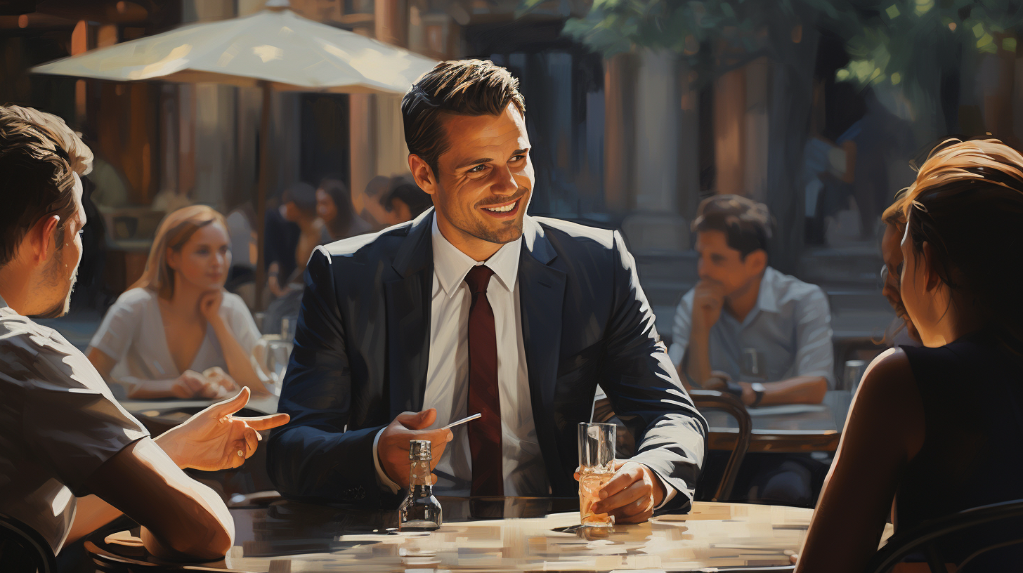 Businessman talking to friends in photorealistic image