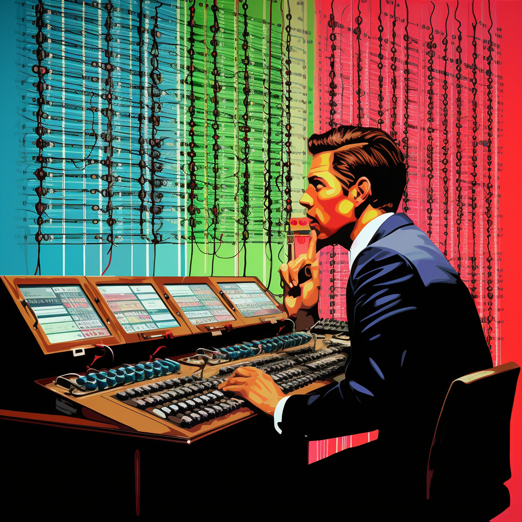 Businessman talking on a huge telephone exchange