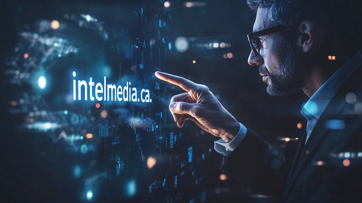 Businessman touching digital screen word  intelmedia.ca