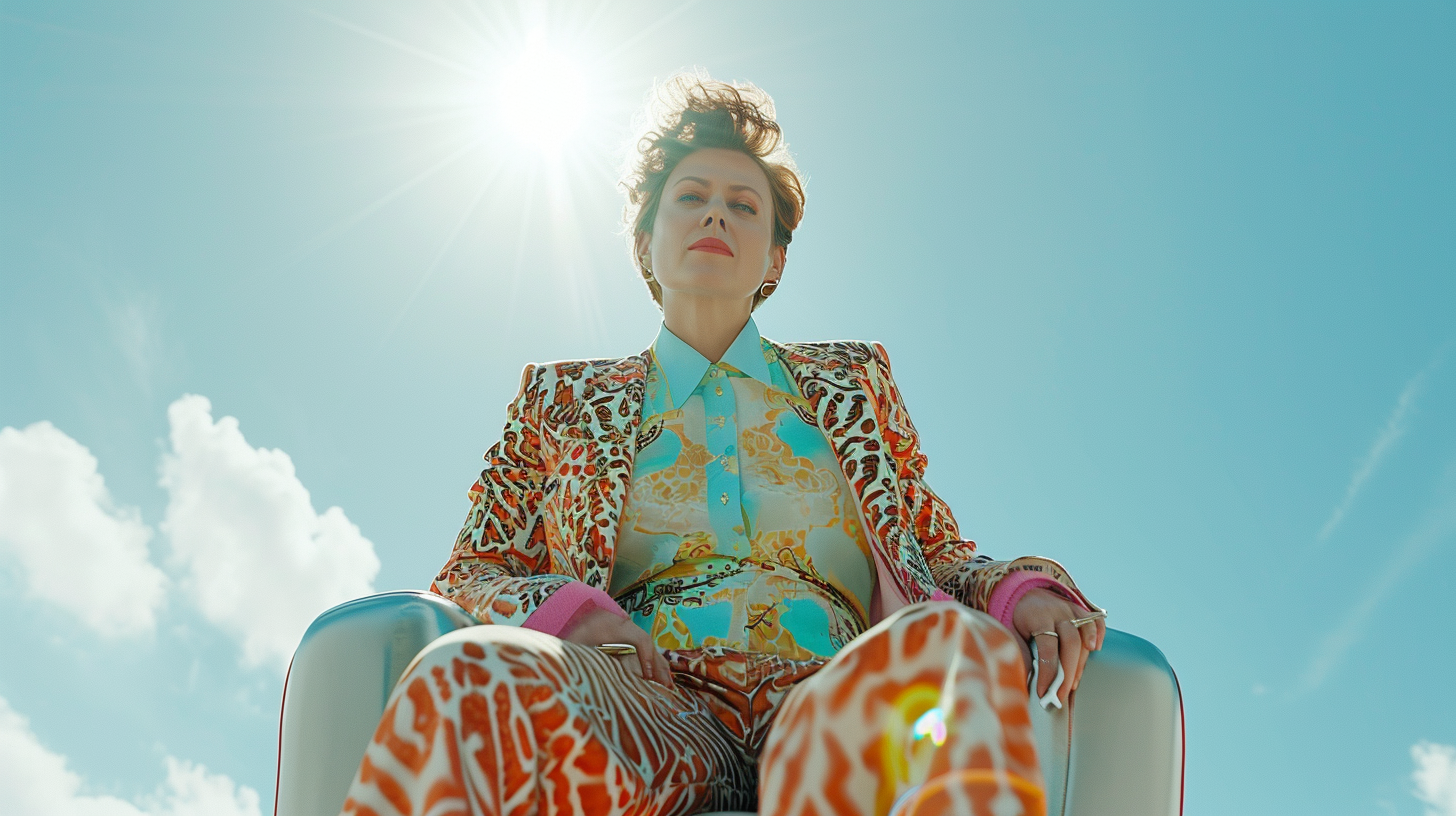 Businesswoman in Colorful Clothes Sitting like a Queen