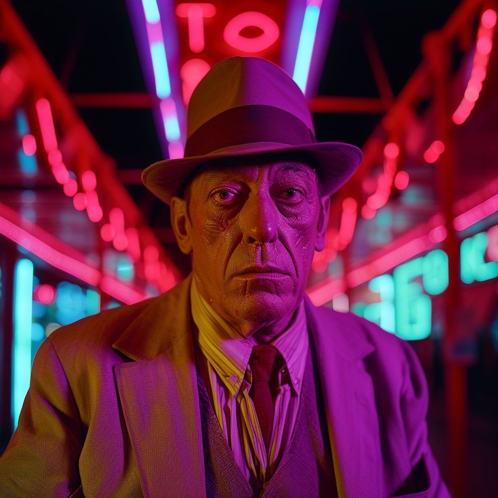 Buster Keaton night portrait with neon lights