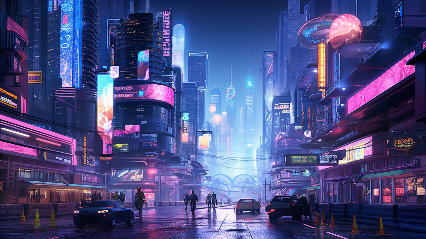 Busy street in cyberpunk city