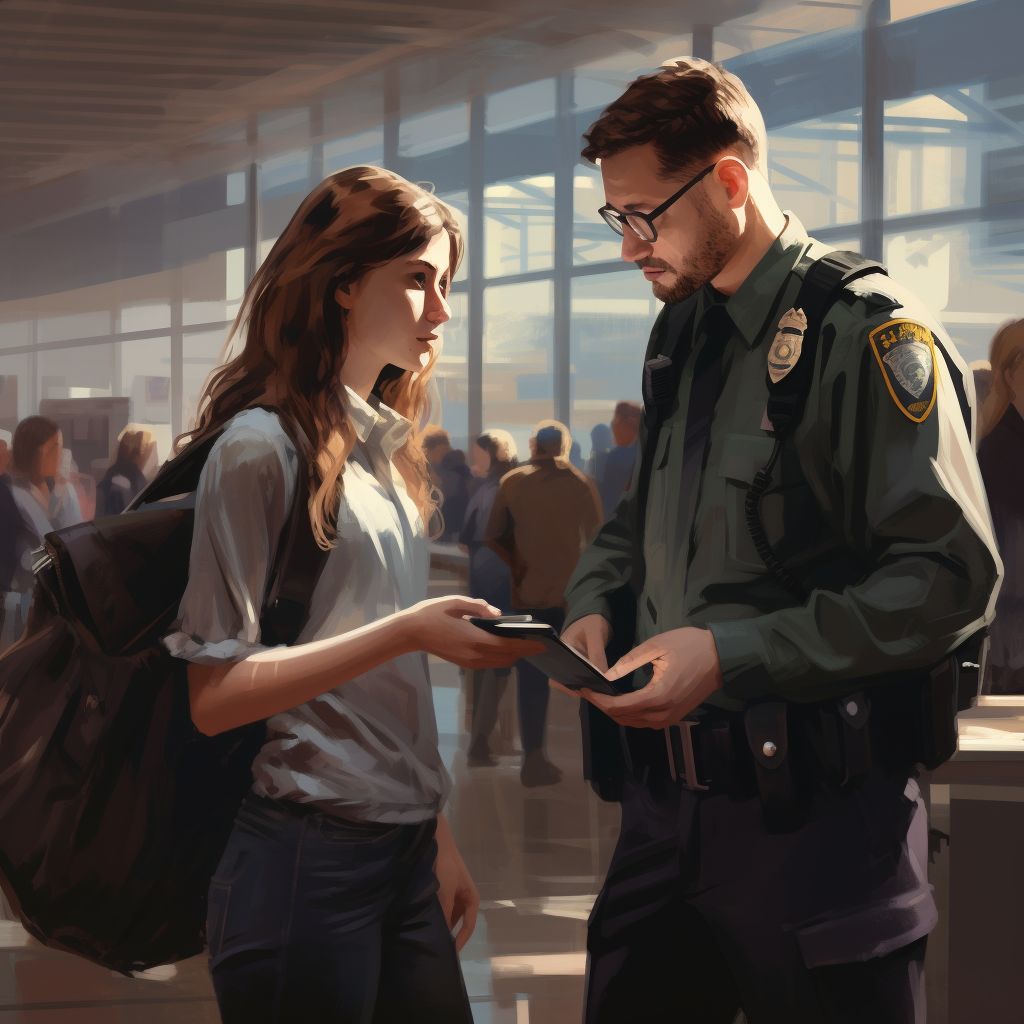 TSA officer helping traveler at busy airport