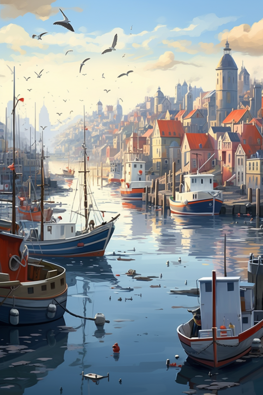 Cartoon picture of a busy harbour