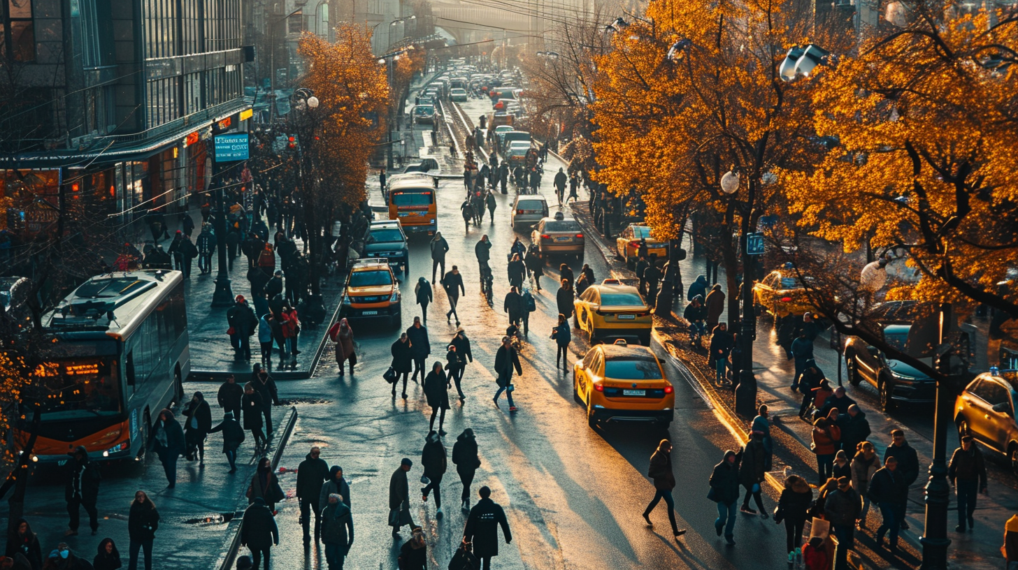 Crowded Intersection in Moscow with People Walking