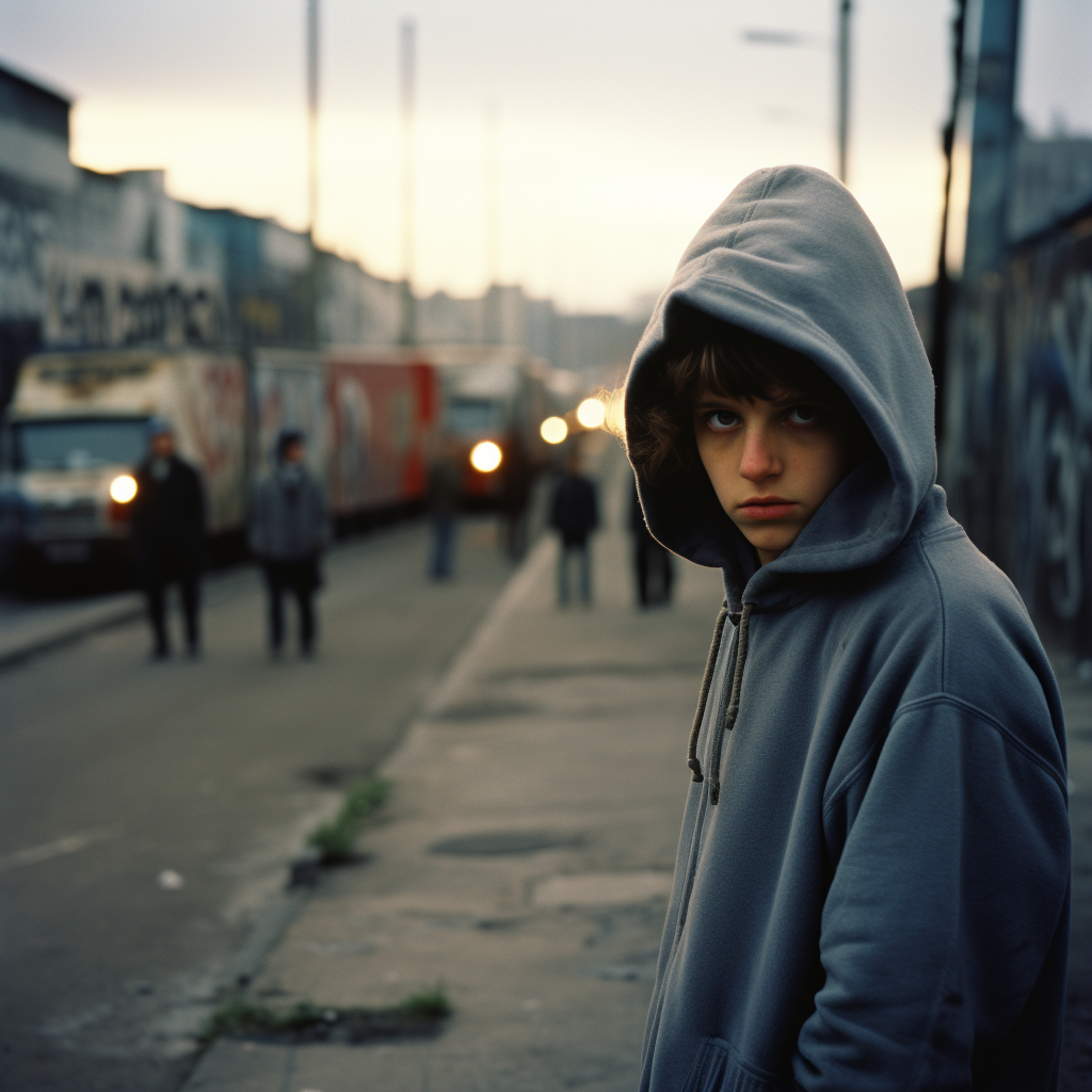 10-year-old boy walking on busy road