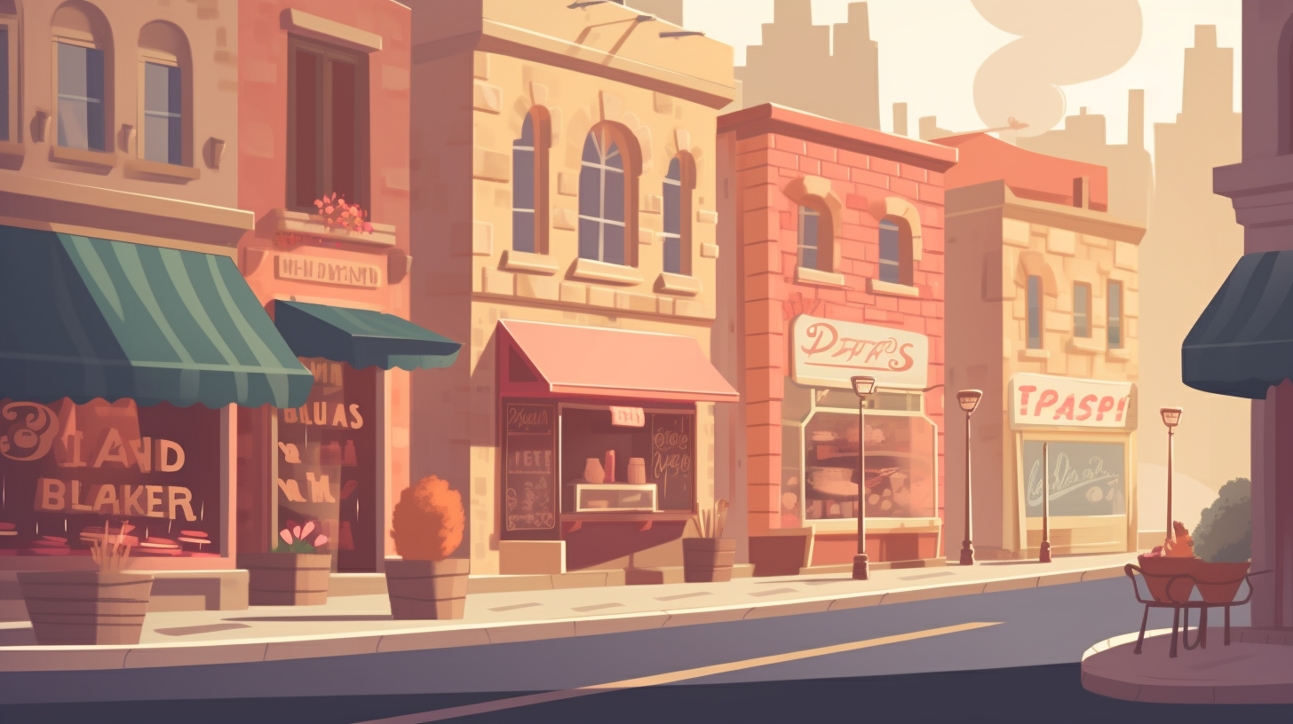 Illustration of a busy street with a bakery shop