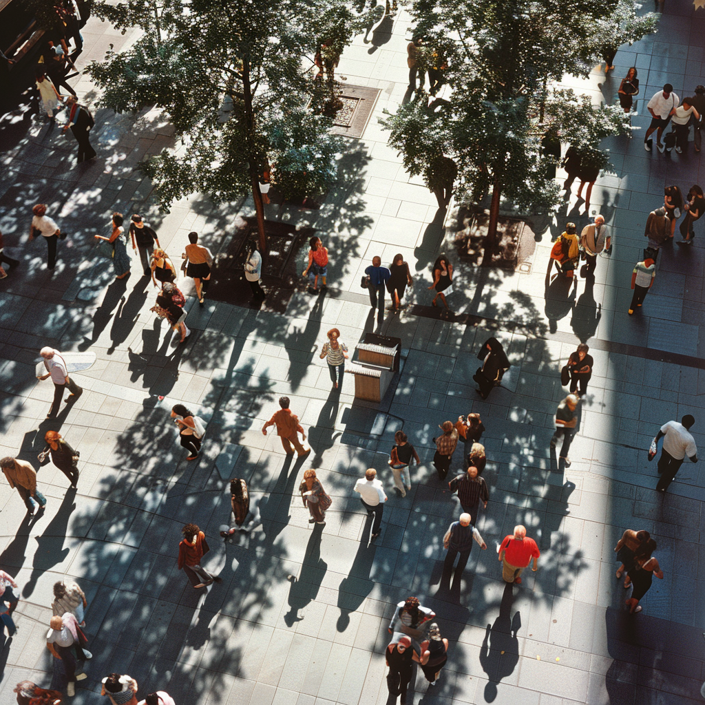 professional people walking sunny plaza