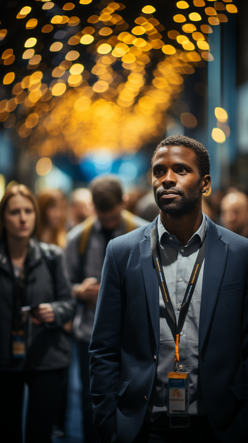 Man walking through busy tech conference