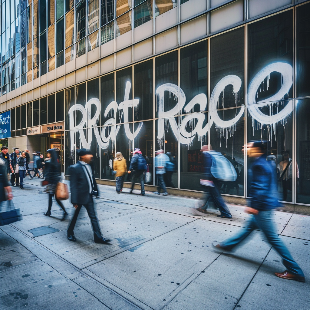 Busy city sidewalk corporate office building