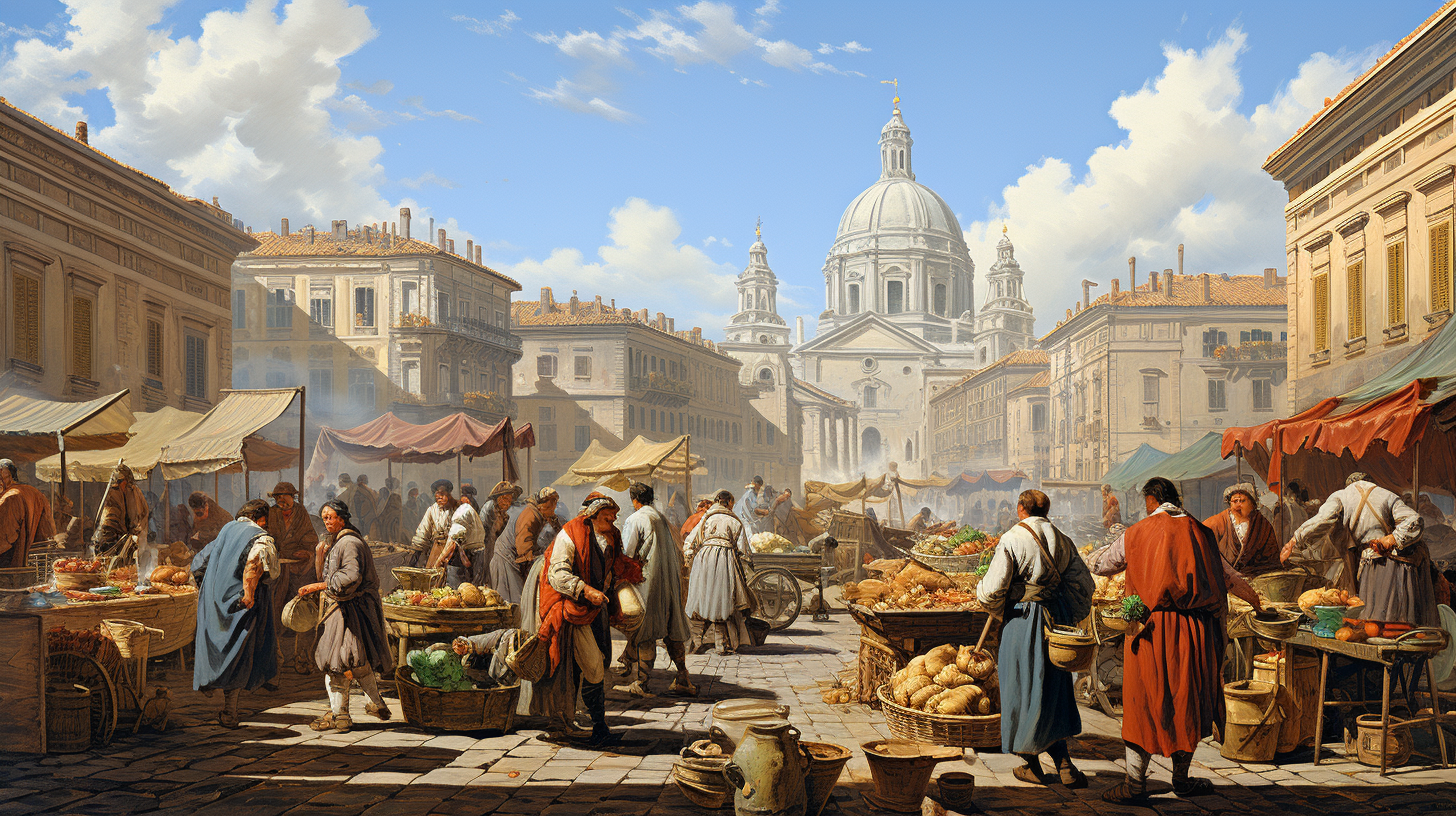 Bustling city square with market stalls and government buildings