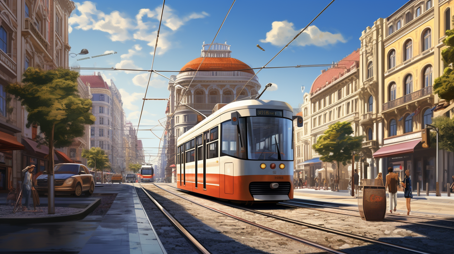 Busy city streets with tramway