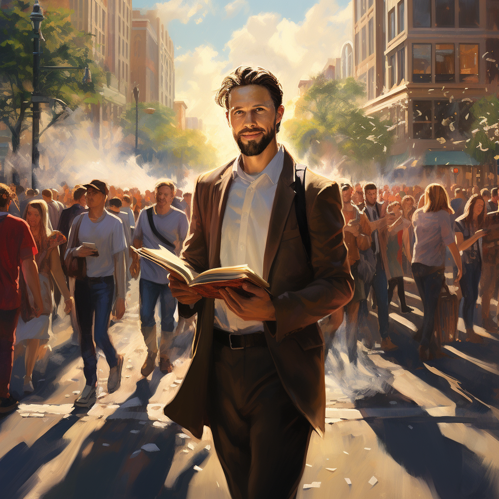 Man reading Bible in crowded intersection