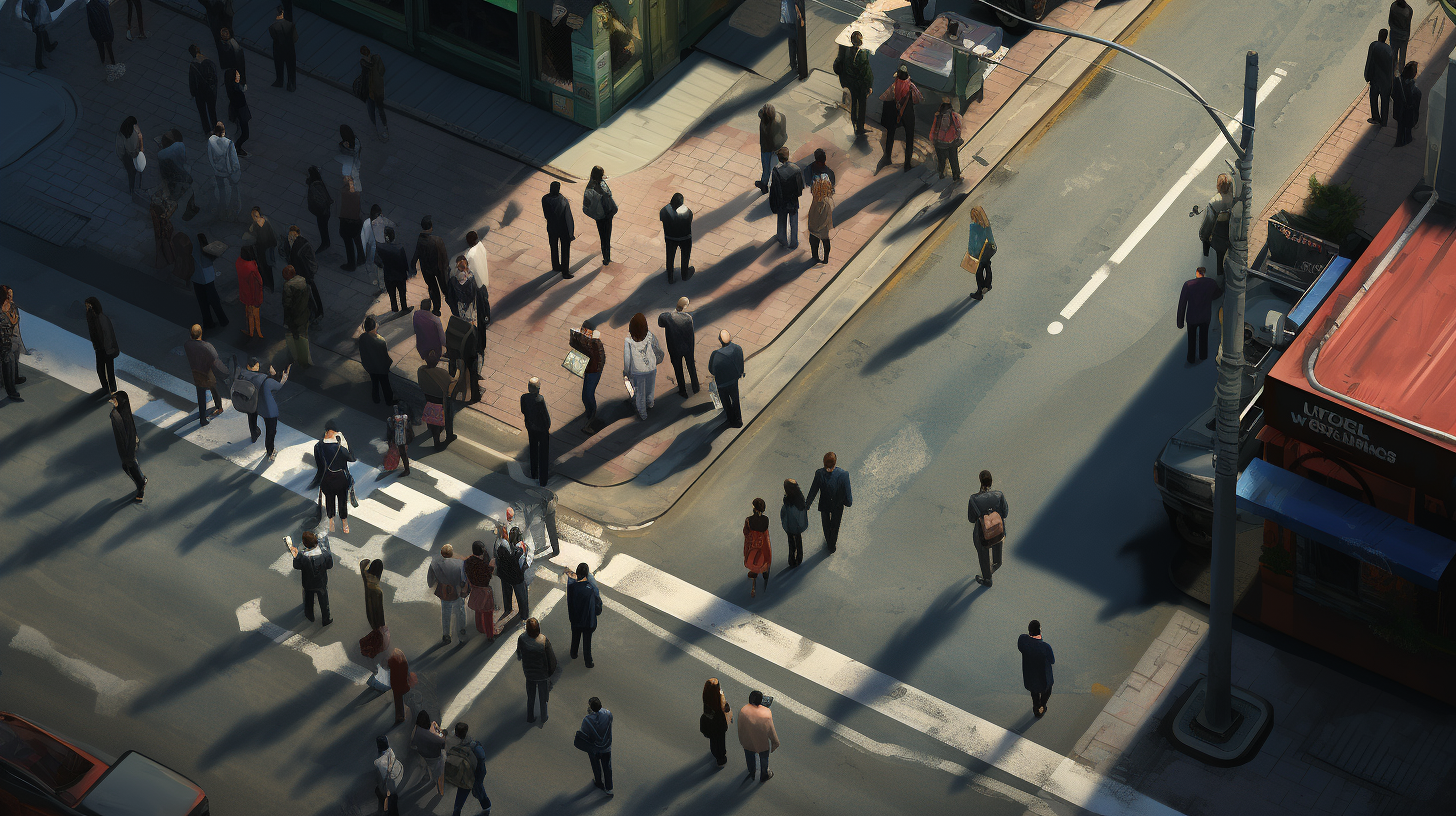 Man reading Bible in busy intersection