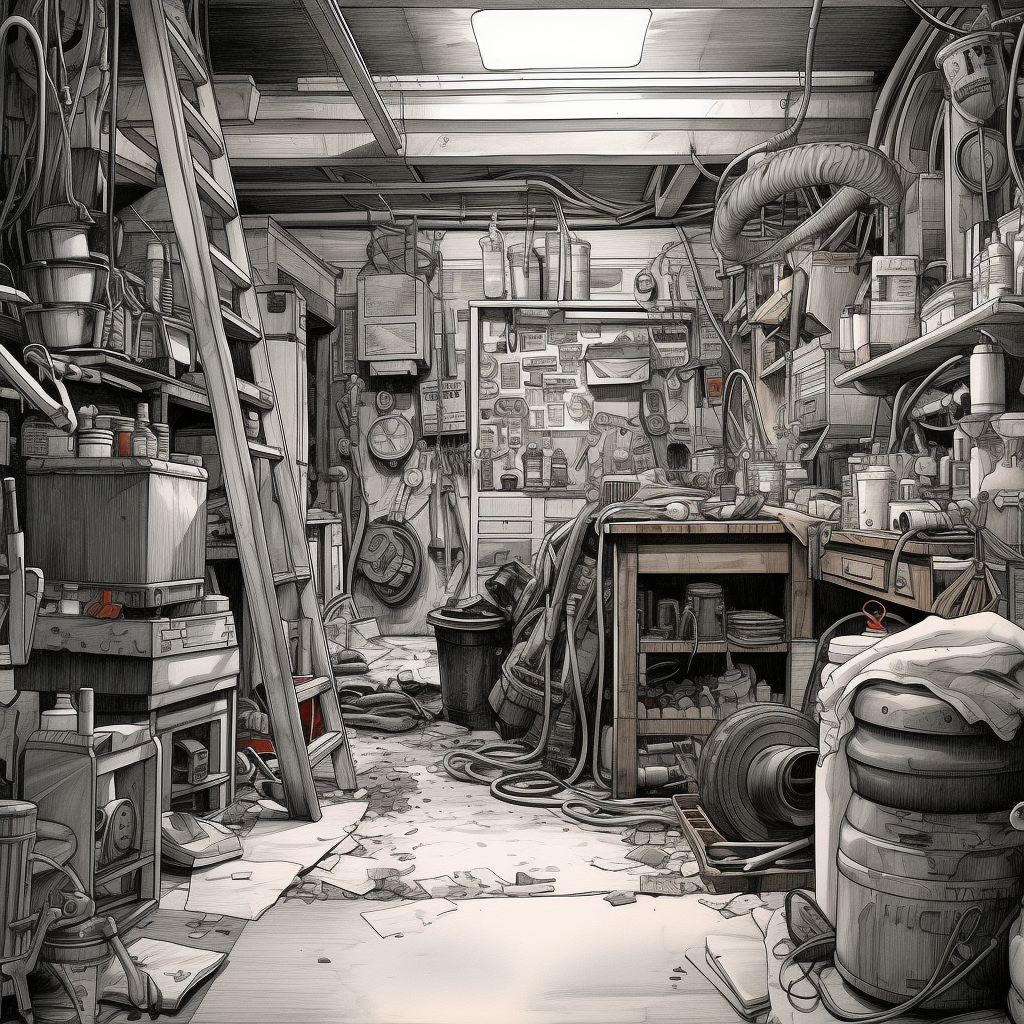 Detailed sketch of busy mechanic's garage