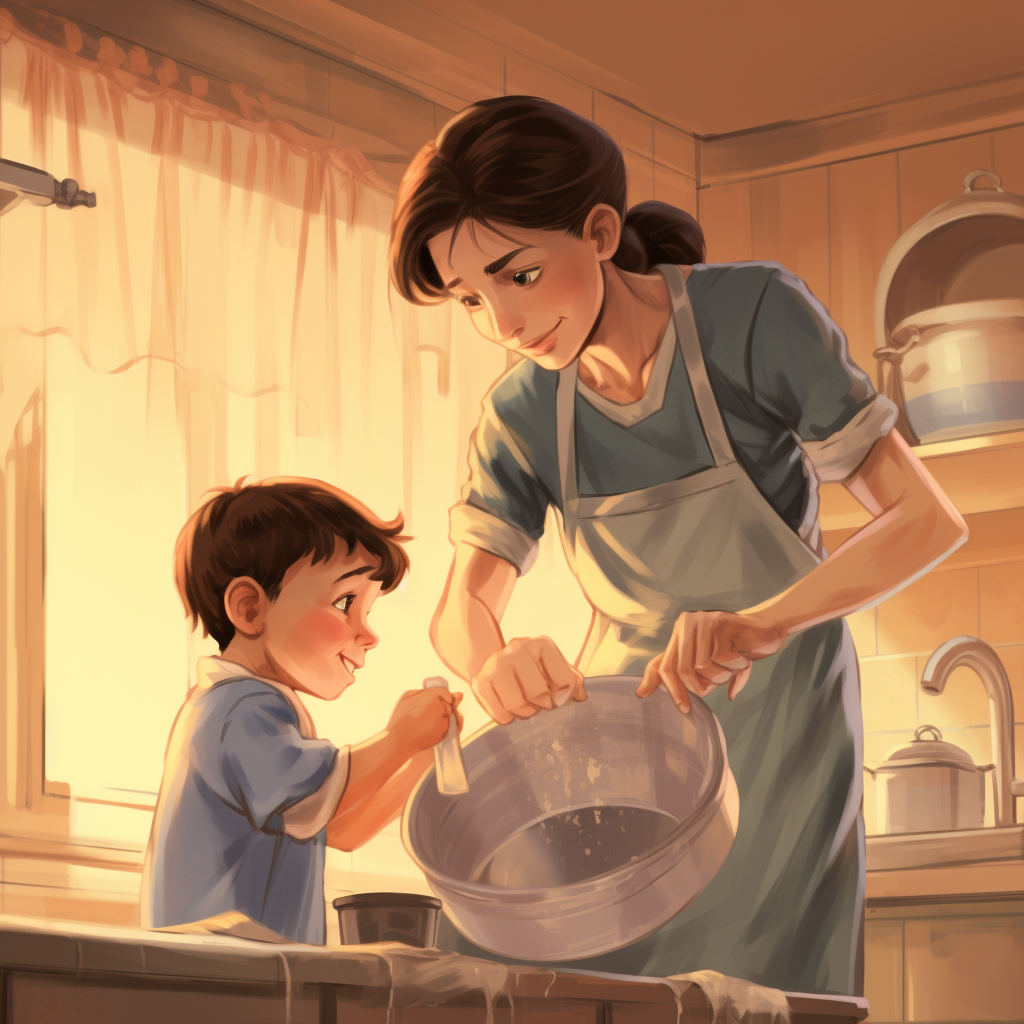 Mother cleaning dishes with biscuits