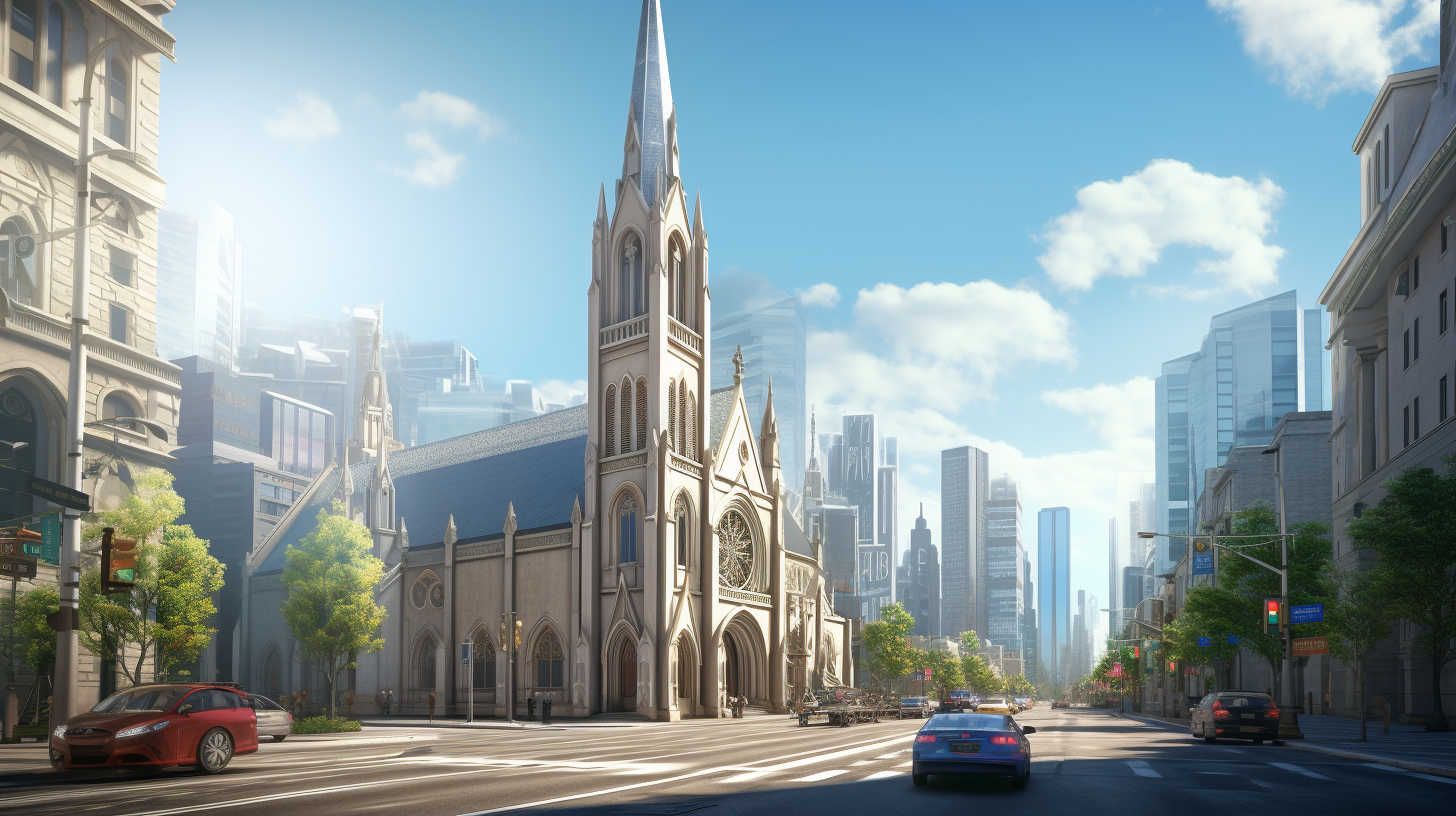 Church amidst bustling cityscape