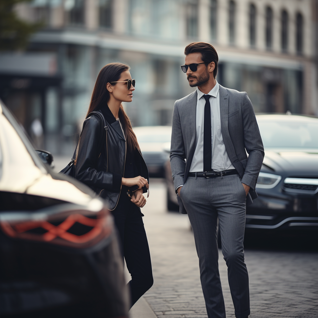 Helpful businesswoman guiding younger businessman across busy street