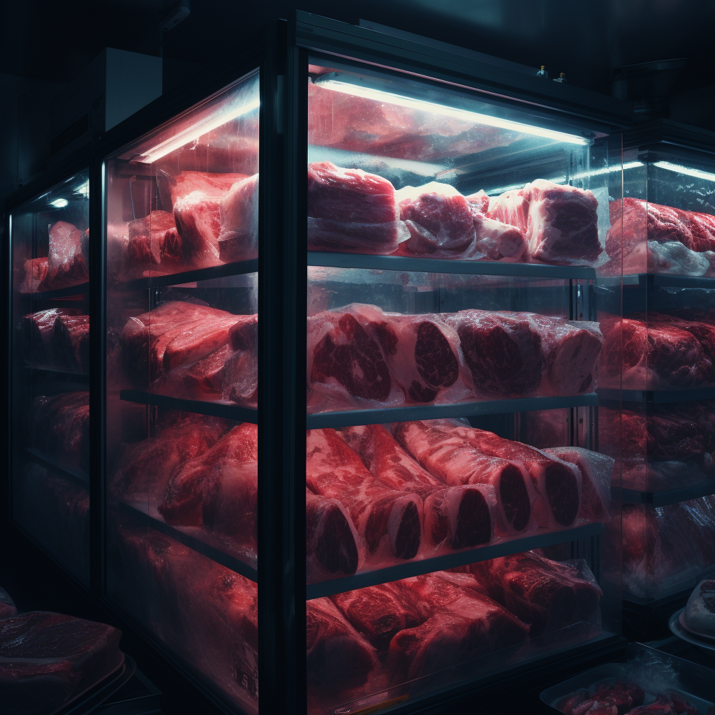 Butcher Glass Freezer with Vinyl Records and Meat