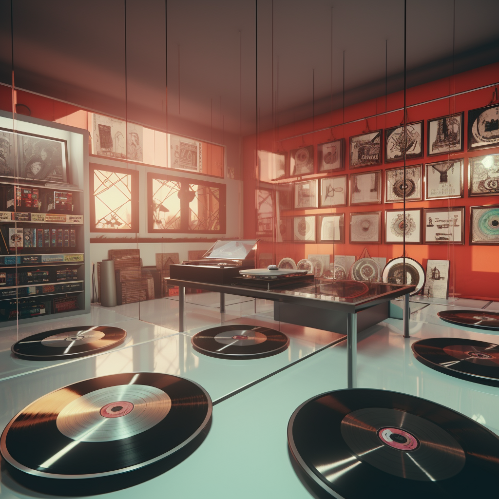 Butcher glass themed room with vinyl records collection