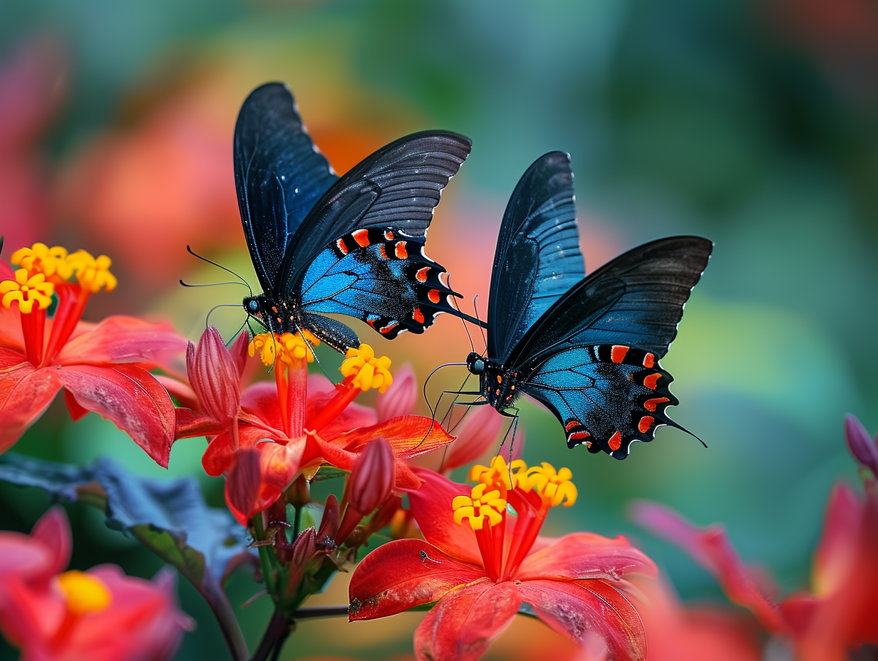 Bright red and orange flowers with butterflies