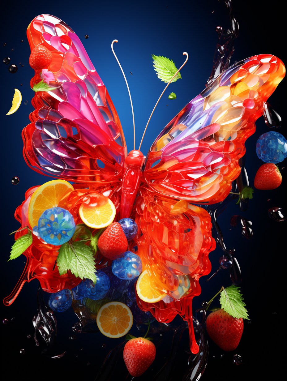 Colorful butterfly wings made from jewelry and fruit.