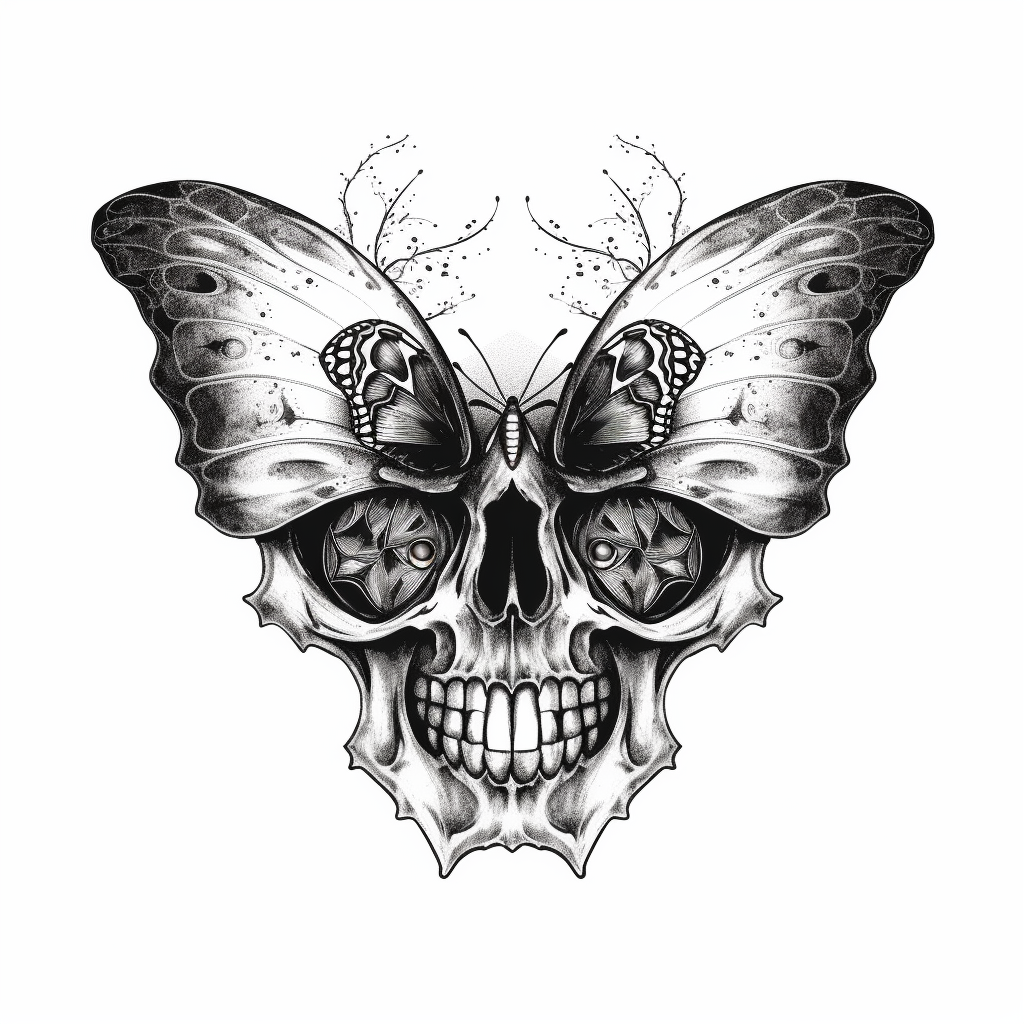 butterfly surrealistic drawing with skull in black and white