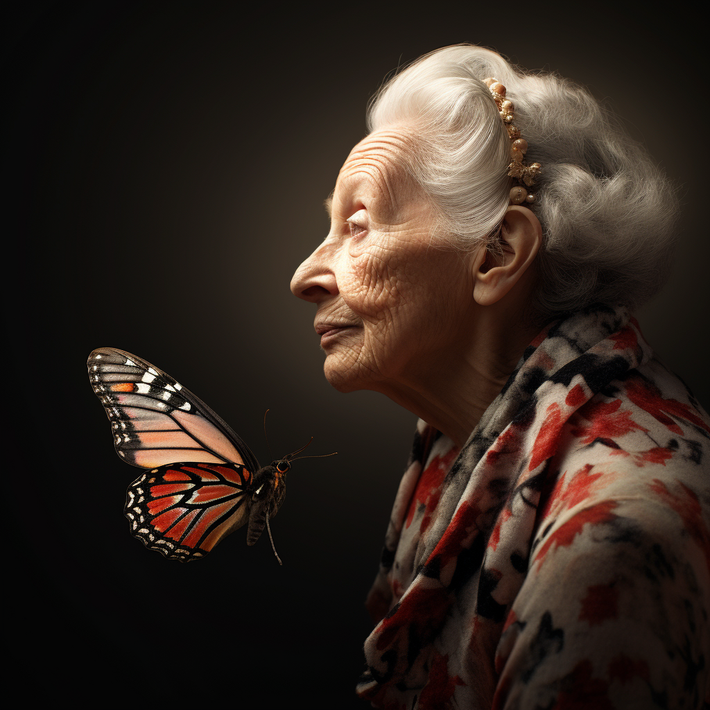 Half butterfly half elderly animal with regal wings