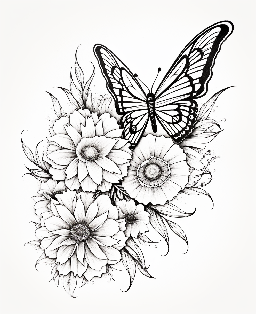 Black and White Butterfly and Flowers Coloring Page