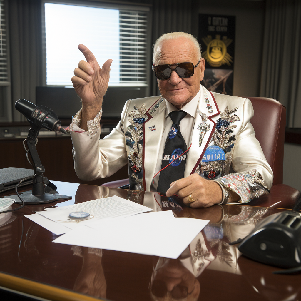 Buzz Aldrin DJ'ing in a boardroom