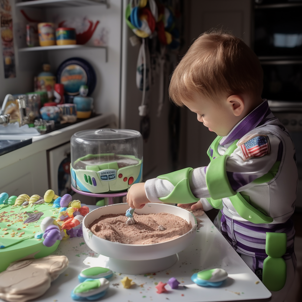 Buzz Lightyear baking a cake in a themed home