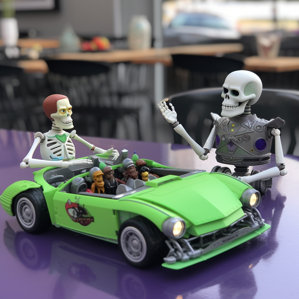 Buzz Lightyear and Jack the Skeleton at the toy car table