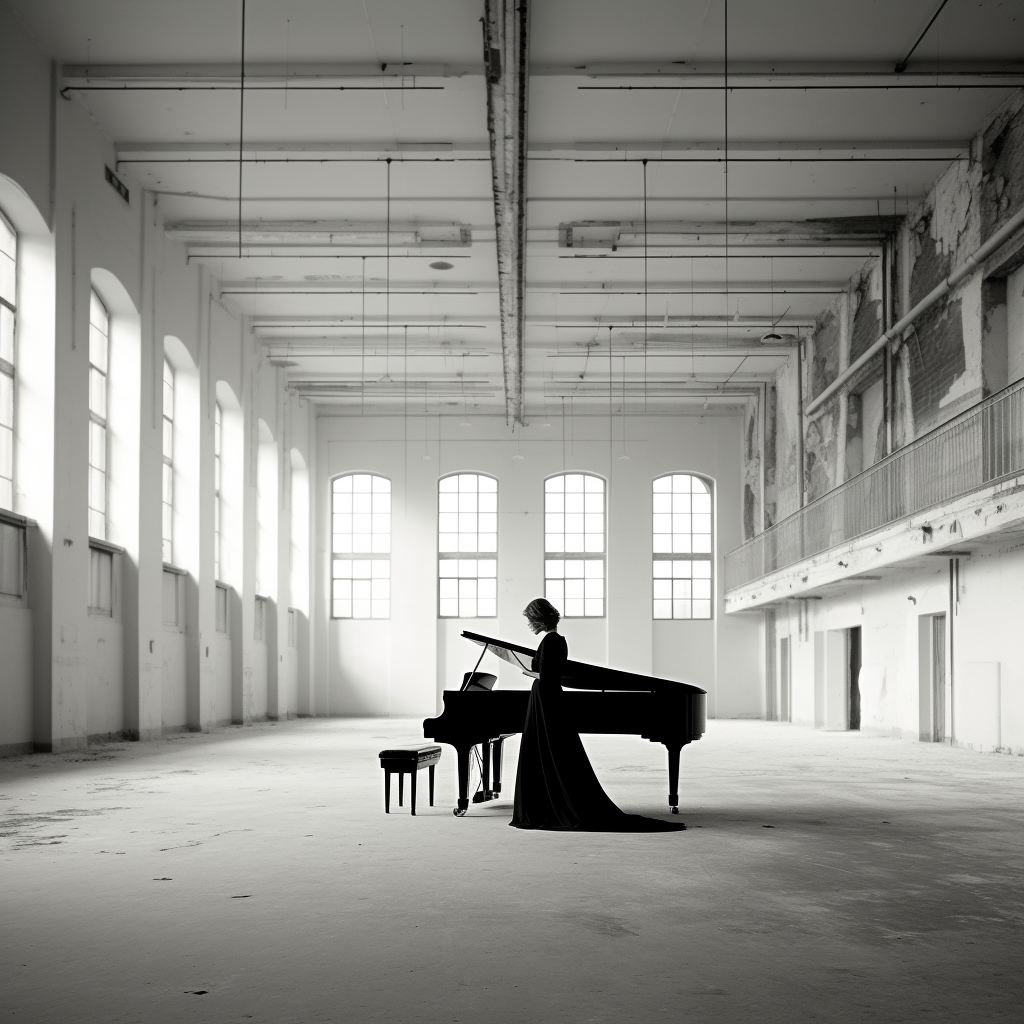 Black and white photo of a female playing piano