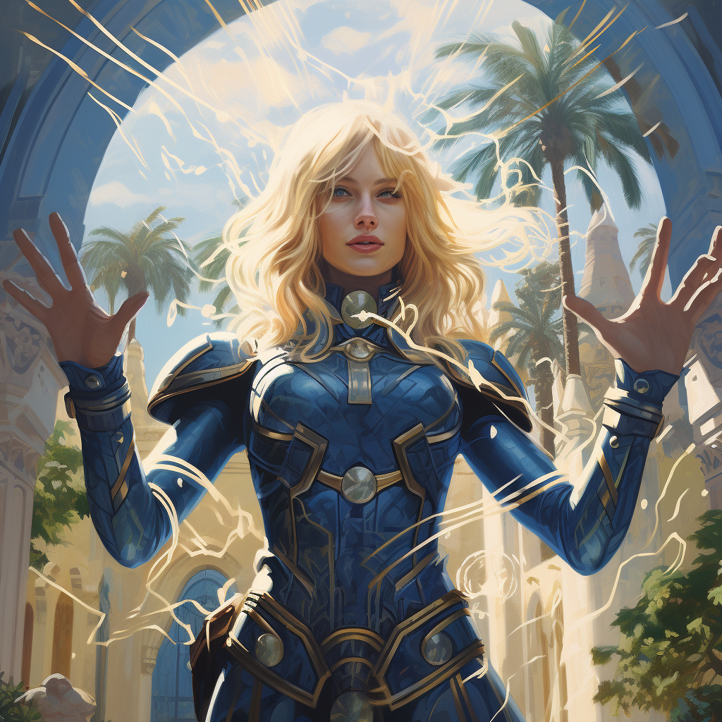 Blonde woman sorcerer in blue armor